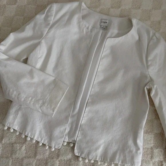 J.Crew Factory Cropped Blazer with Pom Pom Linen Cotton Blend Jacket Size M - Picture 7 of 12